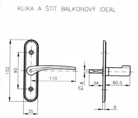 Okenní kování ROSTEX klika a štít balkonový IDEAL (CHROM NEREZ)