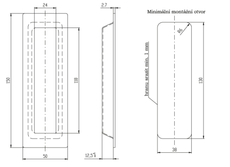 Mušle pro posuvné dveře ROSTEX hranatá 150mm (NEREZ MAT, ČERNÁ)