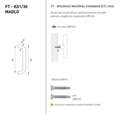 Dveřní madlo MP FT - kód K01 Ø 30 mm ST - ks (BN - Broušená nerez) -  Délka: 630 mm x 600 mm x Ø 30 mm
