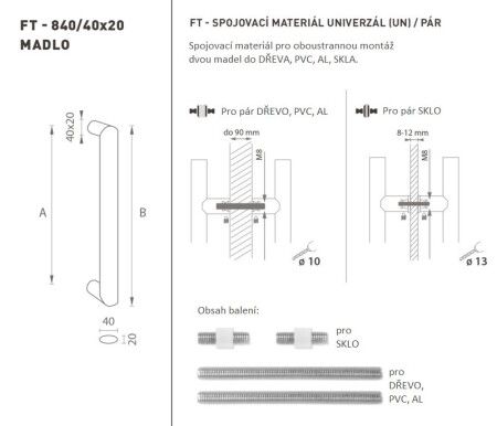 Dveřní madlo MP FT - kód K40 40x20 mm UN  (BN - Broušená nerez) - pár