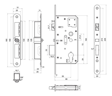 Zadlabací samozamykací zámek RICHTER s panikovou funkcí „E“, pro kování koule/klika.Z.302-SZ.PA.KO.72/55/20.PL