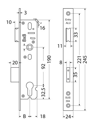 Zadlabací zámek pro hliníkové dveře RICHTER EN.A01.92.35.24.N