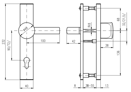 VÝPRODEJ Bezpečnostní kování ROSTEX 802/O BARYT - madlo/klika, rozteč 92 mm, tloušťka 60 mm (černá)