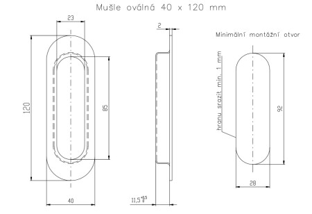 Mušle pro posuvné dveře ROSTEX oválná 120x40 mm (ČERNÁ MAT)